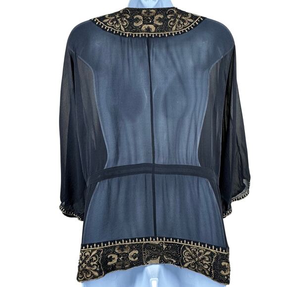 Chico's Black Gold Silk Kimono Jacket Women’s Medium Boho Embroidered Asian - Picture 5 of 12